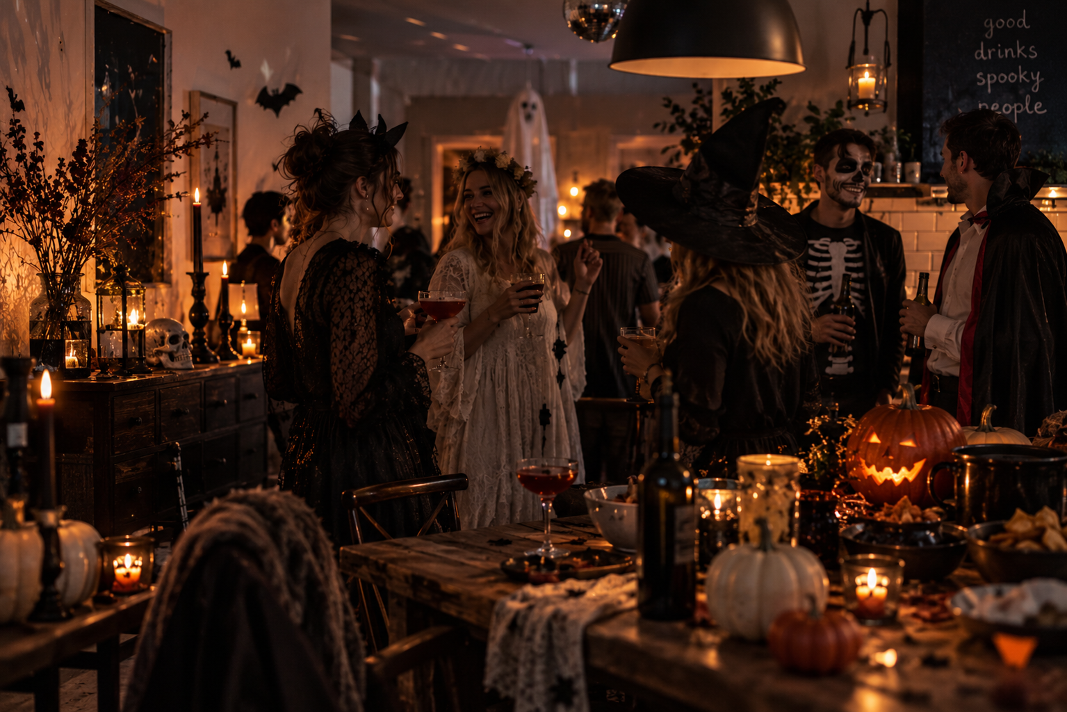 Kleine Halloween-Party in einem gemütlichen Wohnzimmer mit Gästen, gedämpftem Licht und herbstlichen Details