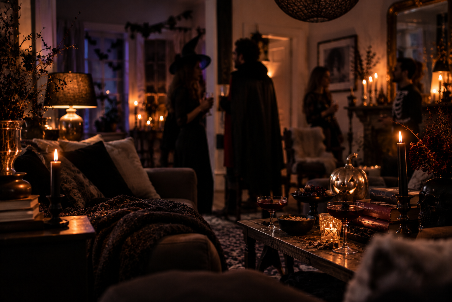 Lichtstimmung zur Halloween Party Wohnzimmer mit warmen kleinen Lichtquellen während einer Halloween-Party