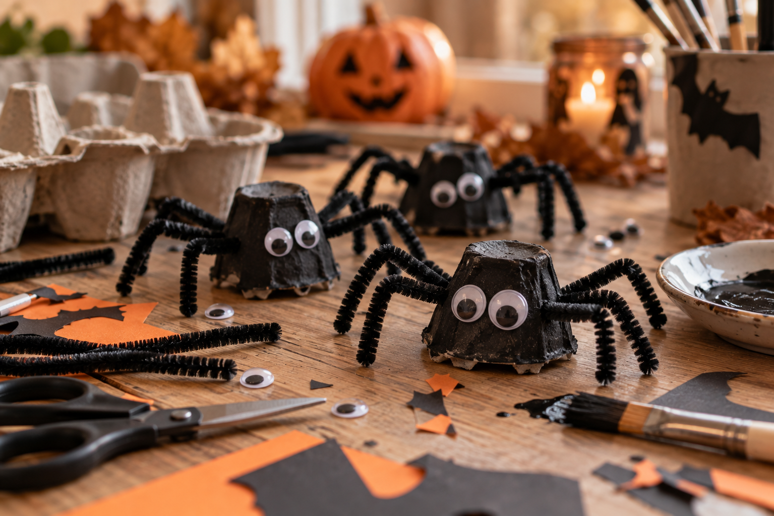 Kinder basteln schwarze Halloween-Spinnen aus Eierkarton und Pfeifenreinigern