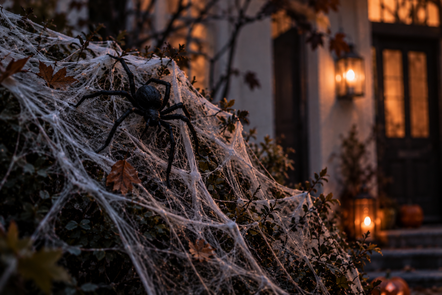 Großes Halloween-Spinnennetz mit schwarzer Spinne über einem Gartenstrauch
