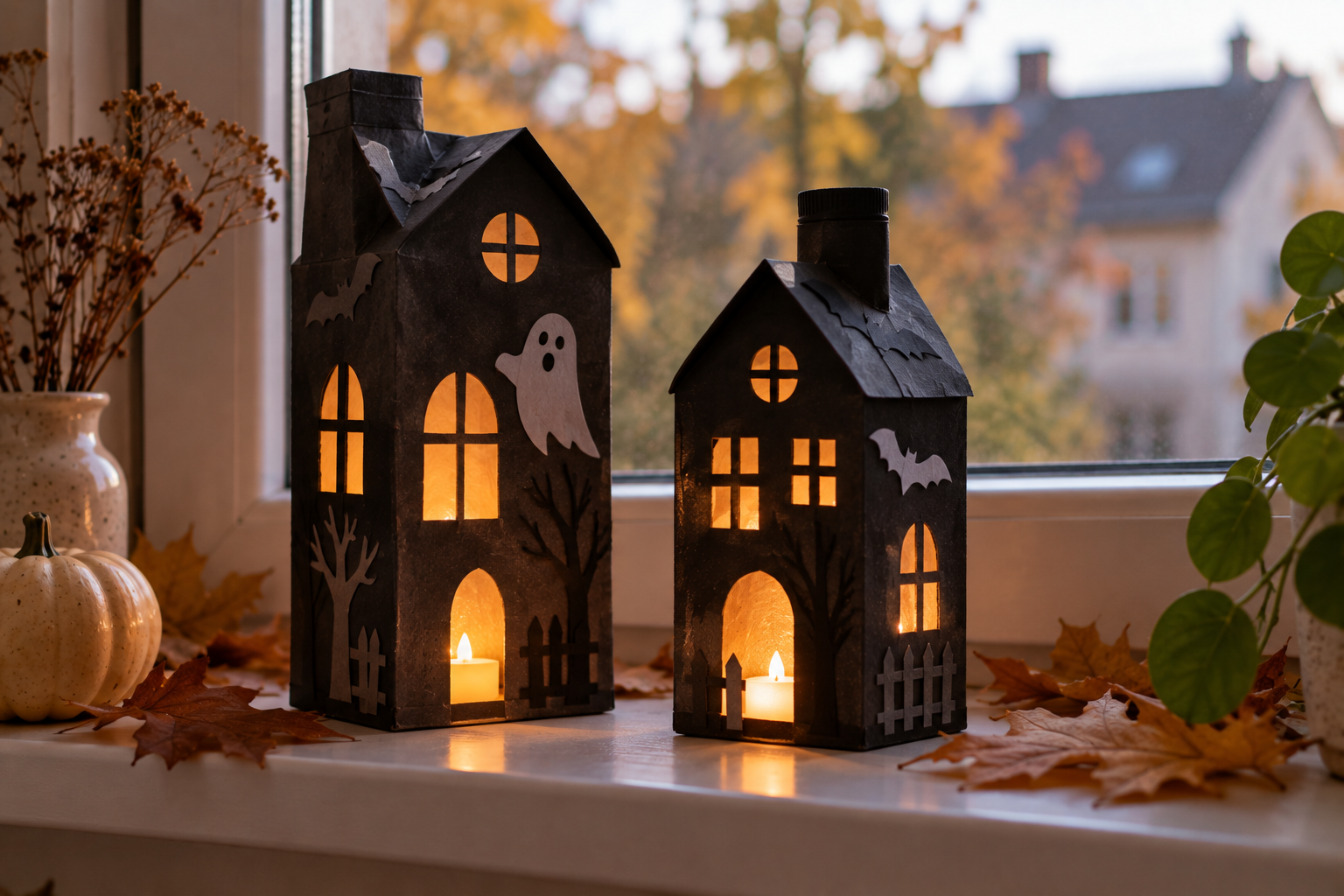 Selbst gebastelte Halloween-Spukhäuser aus alten Getränkekartons