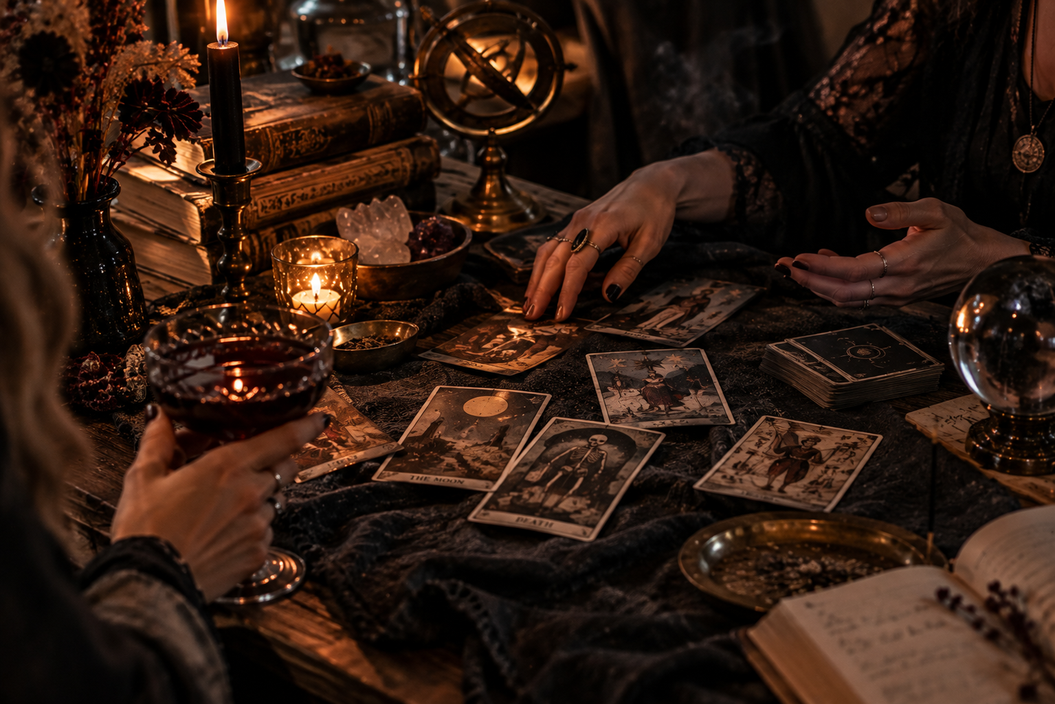 Wahrsager-Ecke Hände von Gästen mit Tarotkarten an einer kleinen Halloween-Wahrsager-Ecke