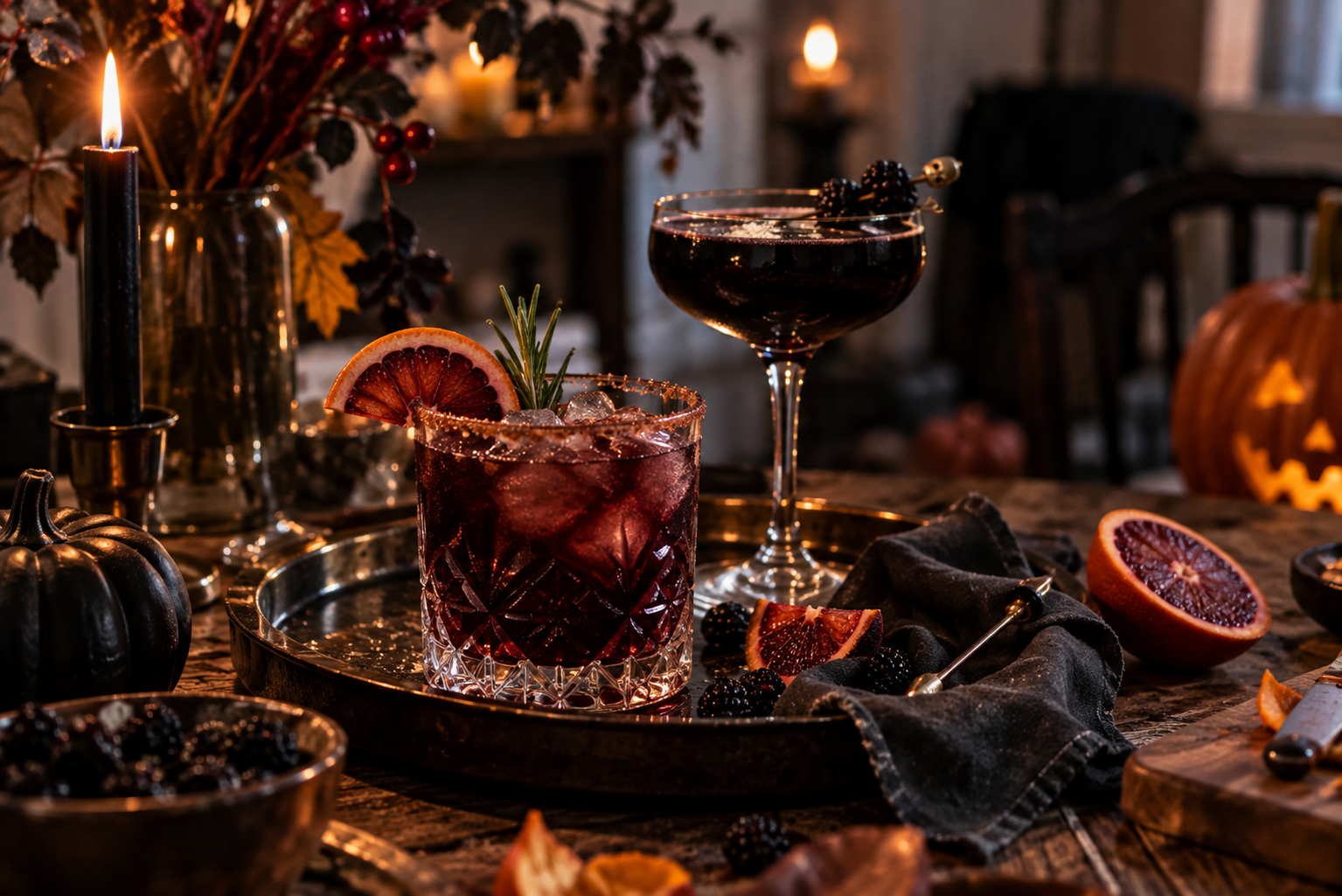 Drinks zur Halloween Party Zwei herbstliche Halloween-Drinks mit Blutorange auf einem Tablett
