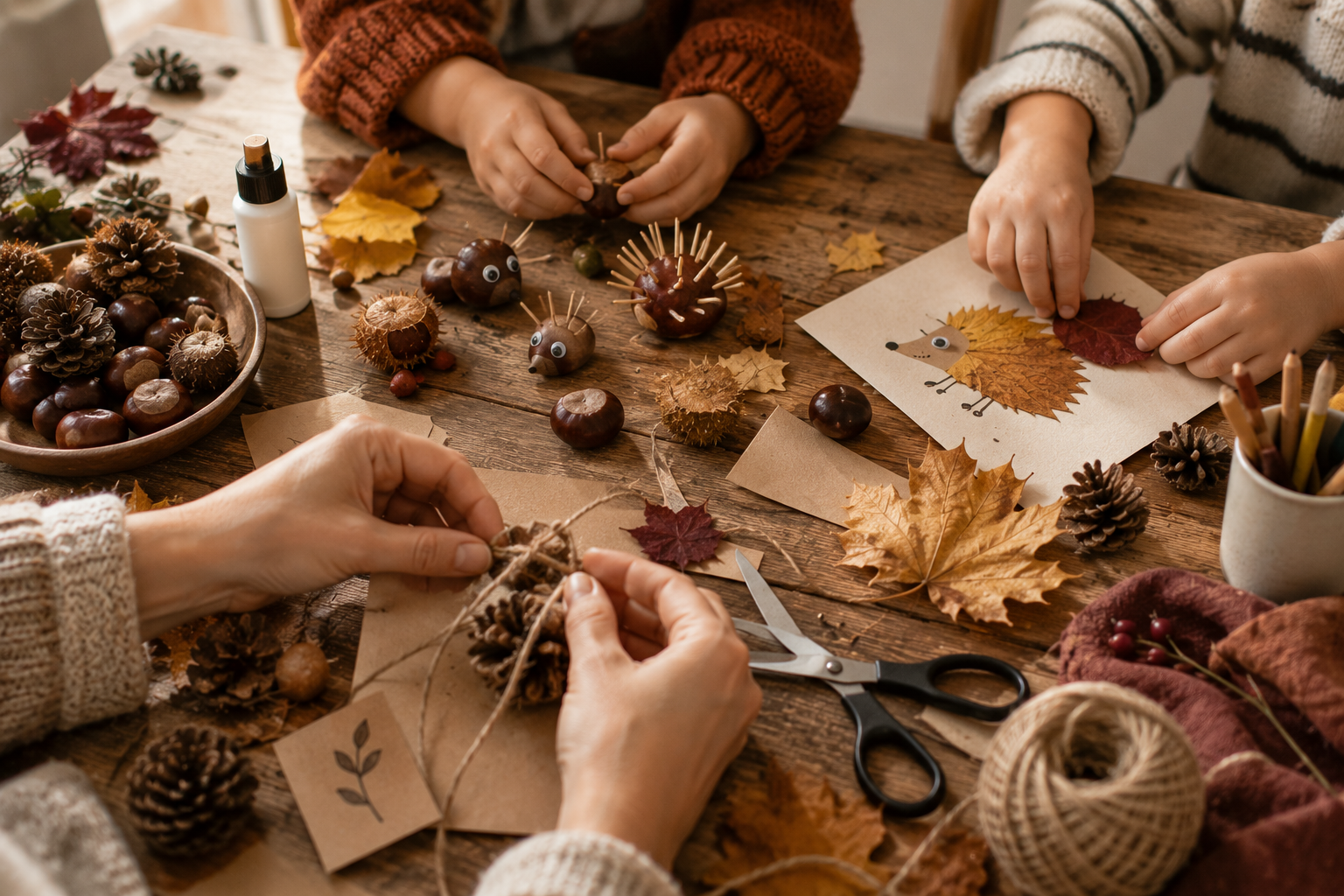 Hände beim Herbstbasteln mit Kastanien, Blättern und Papier an einem Holztisch