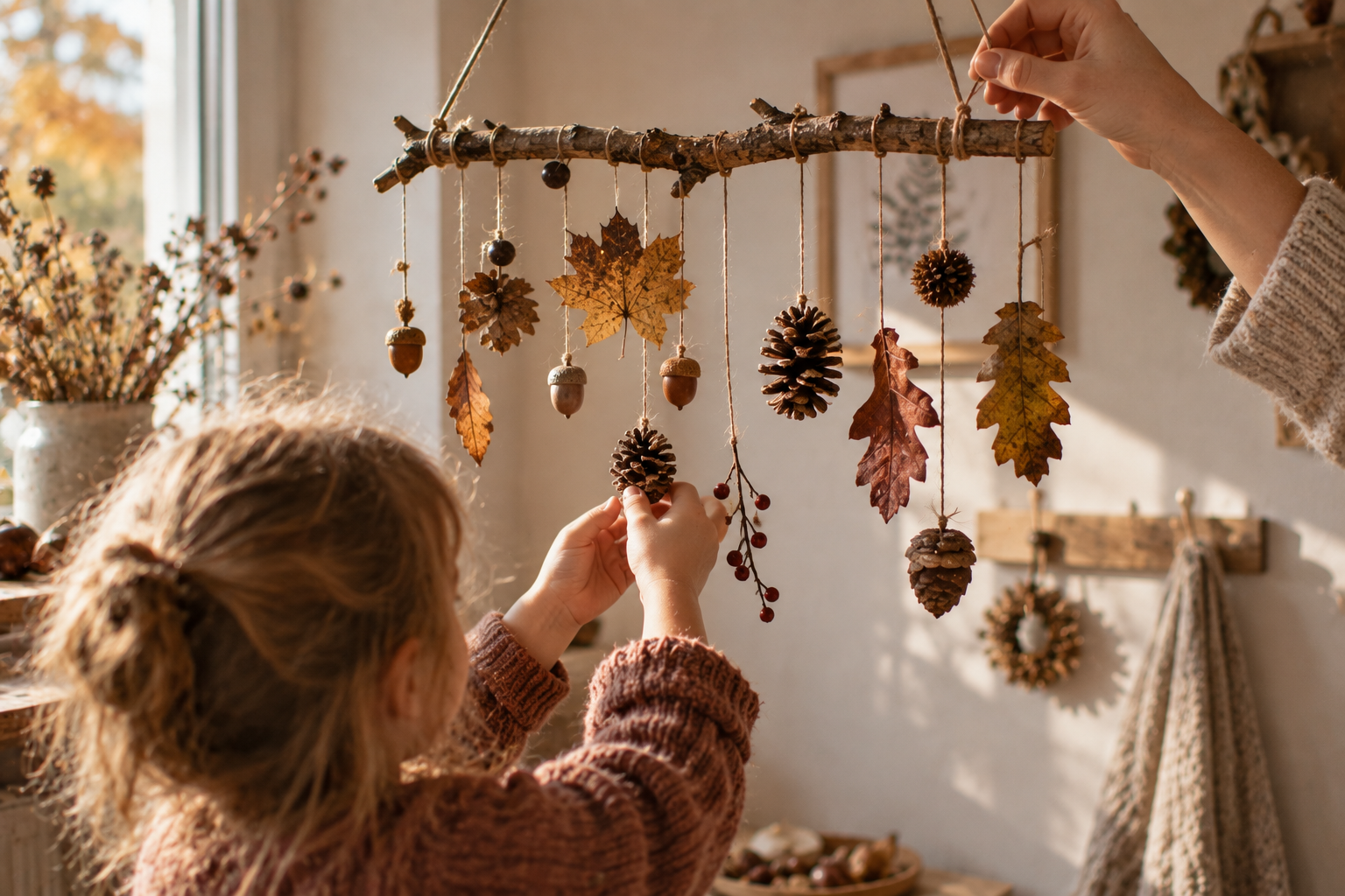 Selbst gemachtes Mobile aus Zweig, Herbstblättern, Zapfen und Eicheln