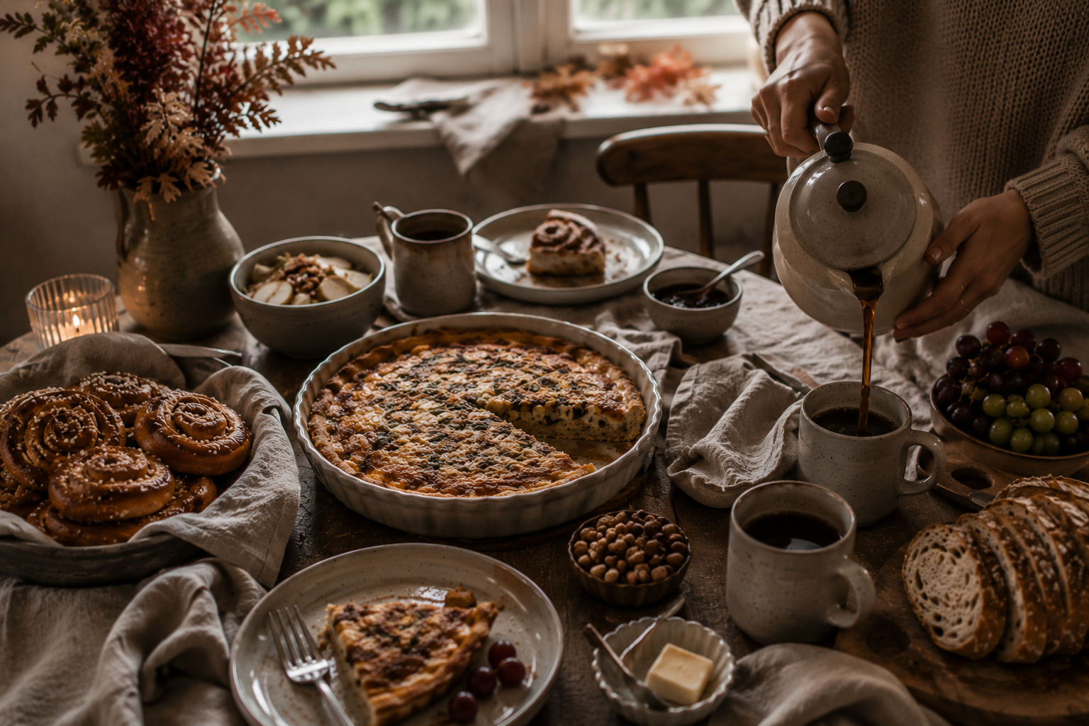 Gedeckter Herbstbrunch mit Quiche, Gebäck, Brot und Kaffee an einem hellen Esstisch