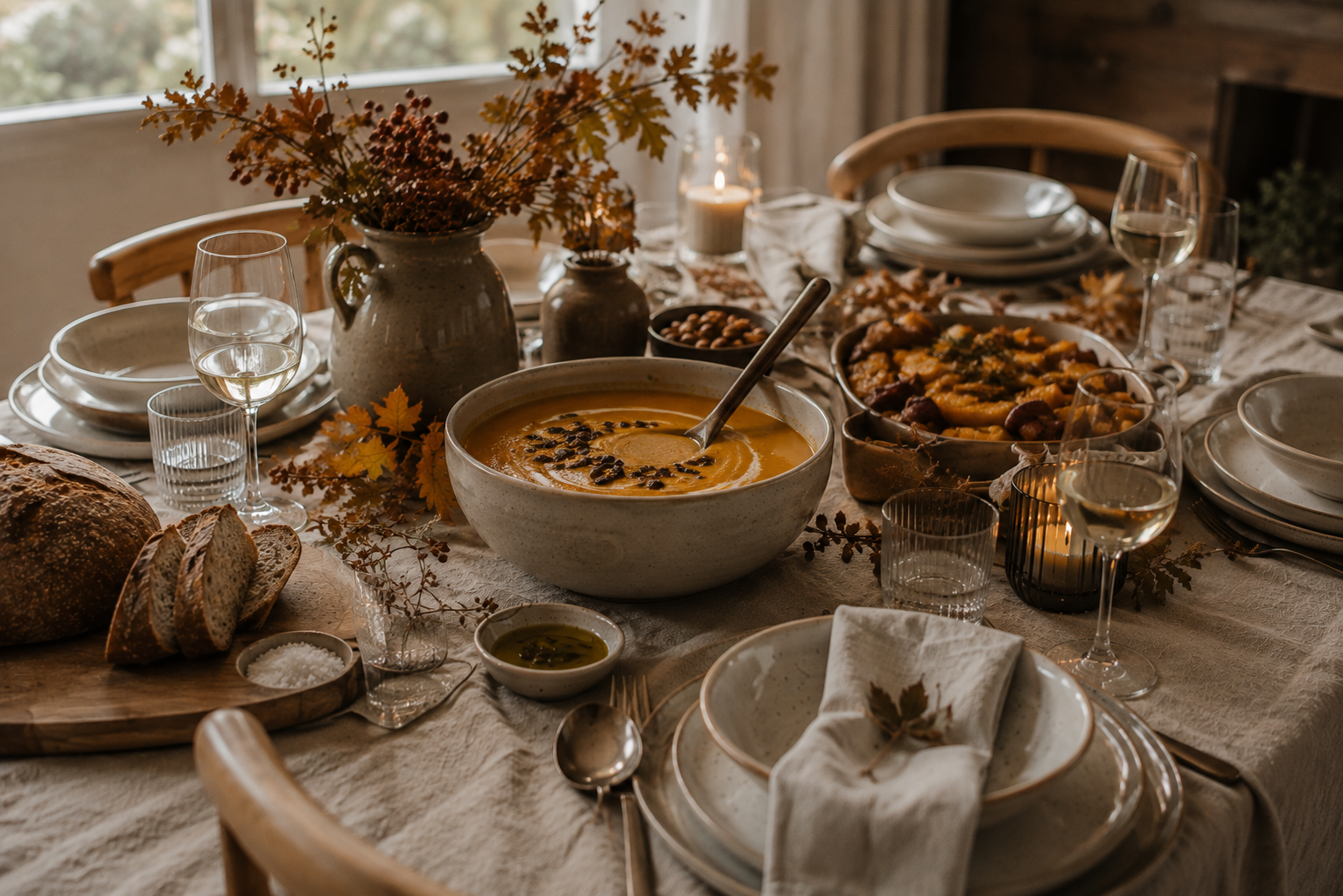 Herbstliches Essen mit Servierschüssel, Brot, Keramikgeschirr und Leinen auf dem Esstisch