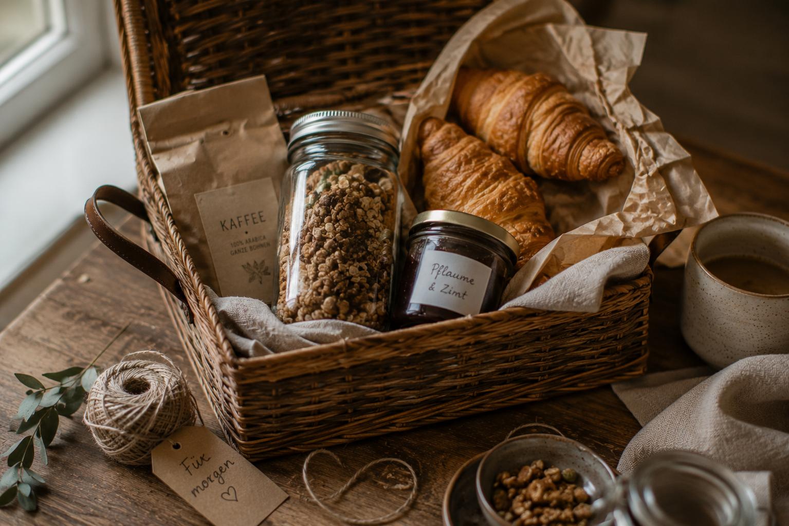 Herbstfrühstück verschenken Kleiner Frühstückskorb mit Granola, Marmelade, Kaffee und Croissants