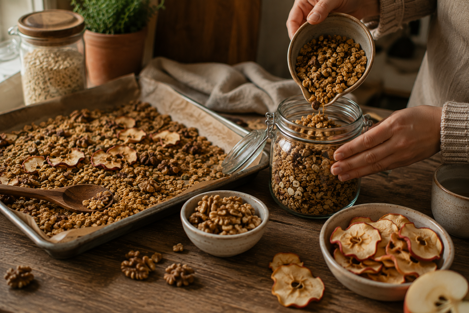 Herbstgranola im Glas Selbst gemachtes Herbstgranola mit Walnüssen und Apfelstücken wird in ein Glas gefüllt