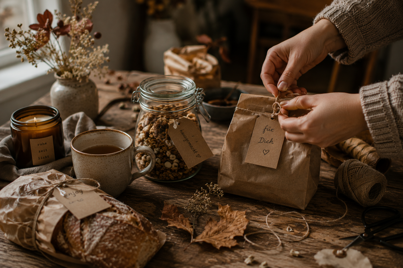 Kleine herbstliche Mitbringsel mit Granola, Brot, Tee und Kerze auf einem Holztisch