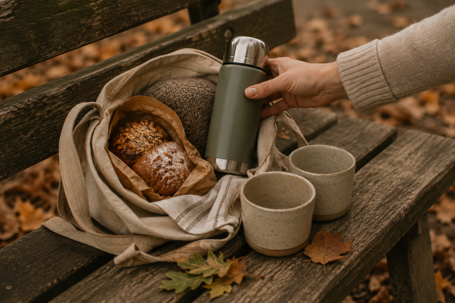 Herbstspaziergang verschenken Thermosflasche, Becher und Gebäck für einen gemeinsamen Herbstspaziergang