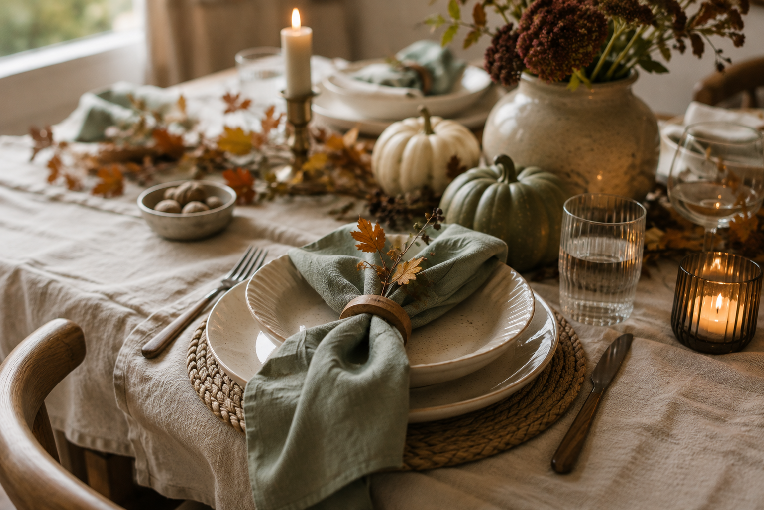 Herbstliches Gedeck mit cremefarbenem Geschirr, salbeigrüner Serviette und warmen Farbakzenten