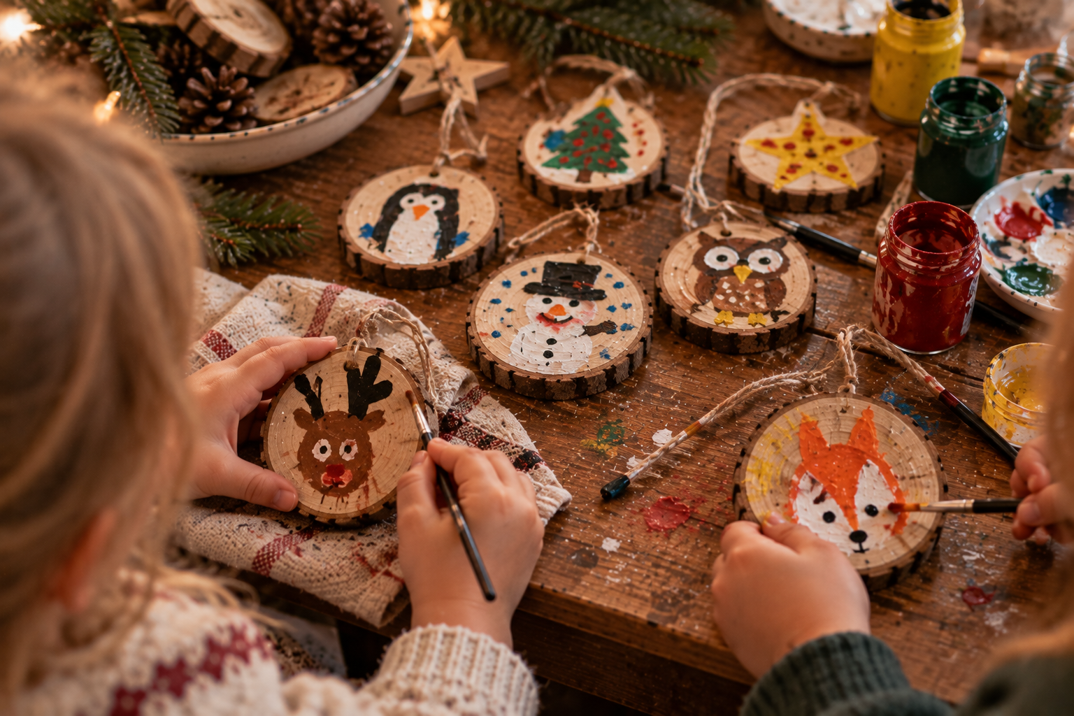 Waldtiere aus Holzscheiben basteln Kinderhände bemalen kleine Holzscheiben als unterschiedliche Waldtiere für den Weihnachtsbaum