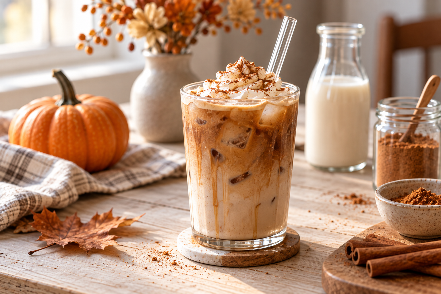 Iced Pumpkin Spice Latte mit Eiswürfeln und Milch