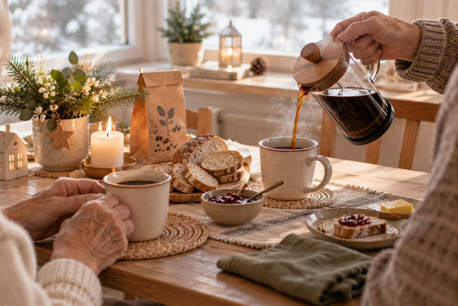 Kaffee wird an einem winterlichen Frühstückstisch in zwei Tassen eingeschenkt.