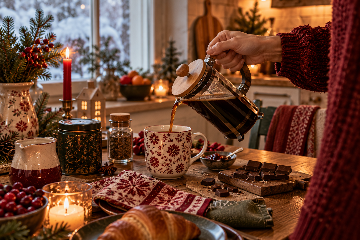 Kaffee und Schokolade im Genuss Adventskalender Kaffee, dunkle Schokolade und kleine Spezialitäten auf einem winterlichen Frühstückstisch.