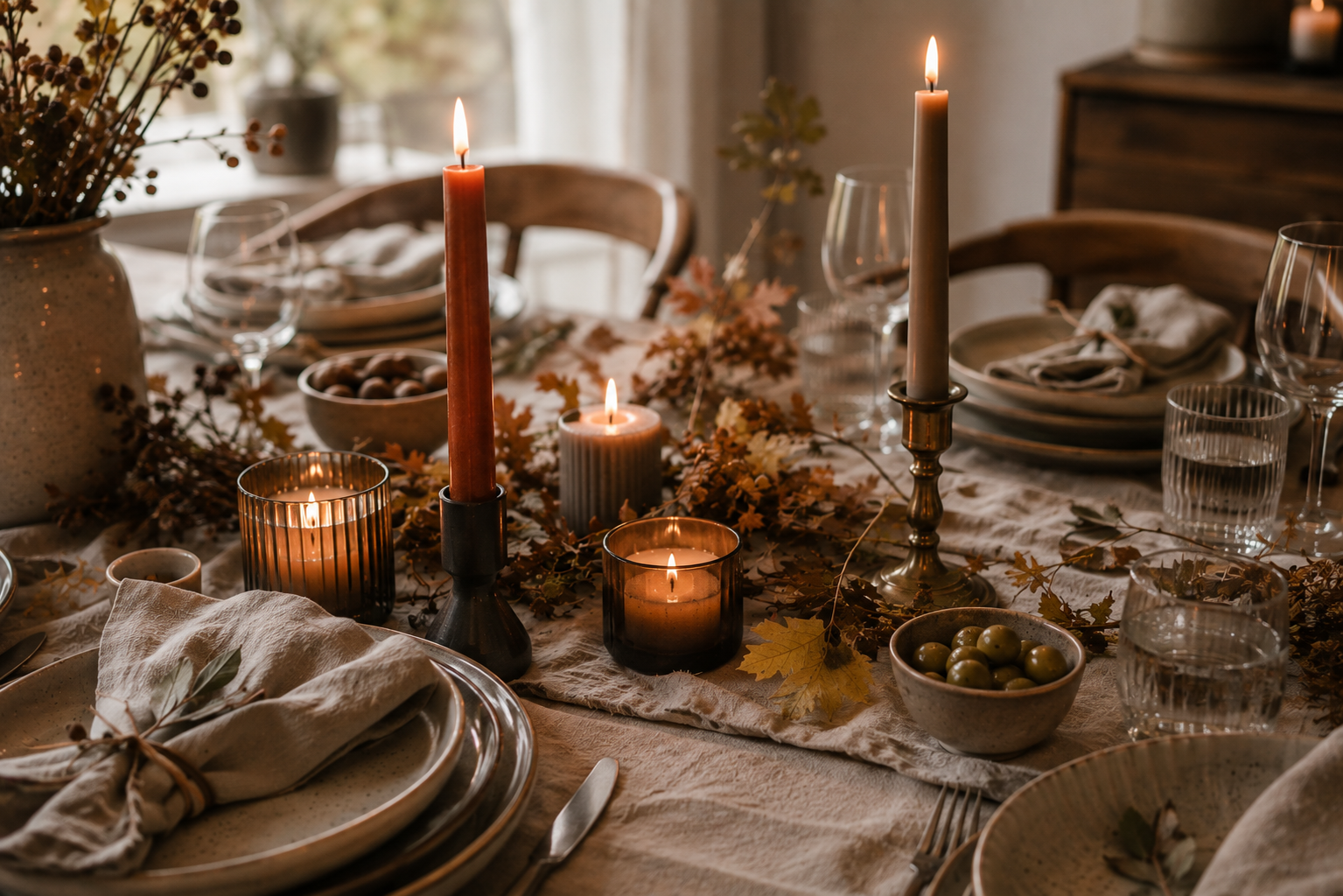 Rostfarbene und taupefarbene Kerzen zwischen Geschirr und Gläsern auf einer Herbsttafel