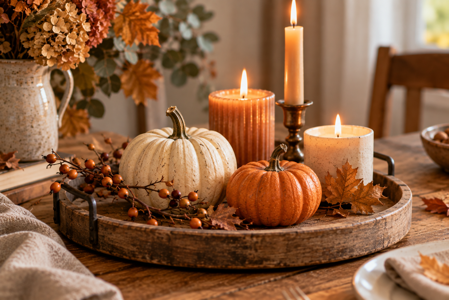 Herbstliches Tablett mit Kürbissen und Kerzen