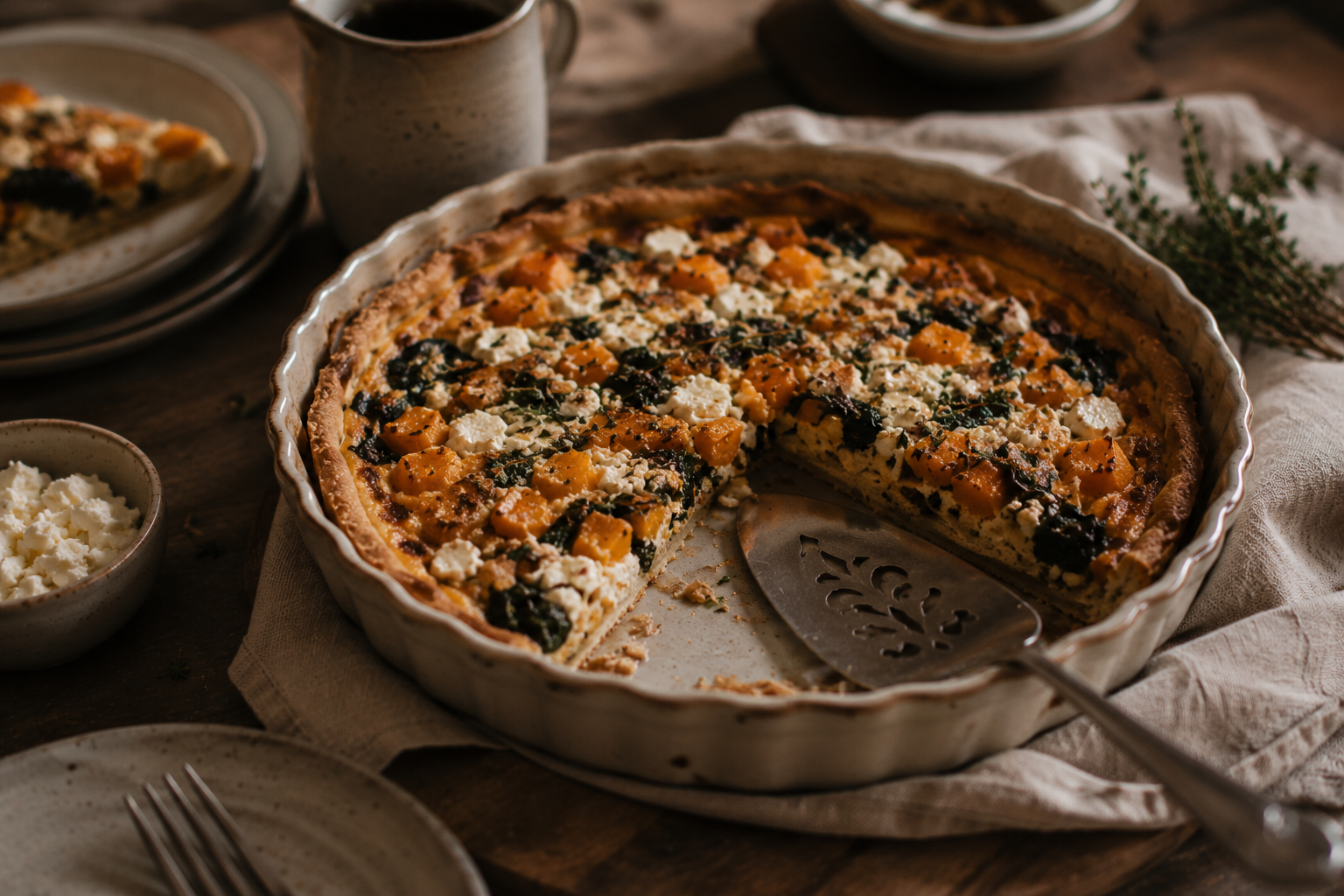 Angeschnittene Kürbis-Feta-Quiche mit Thymian in einer Keramikform