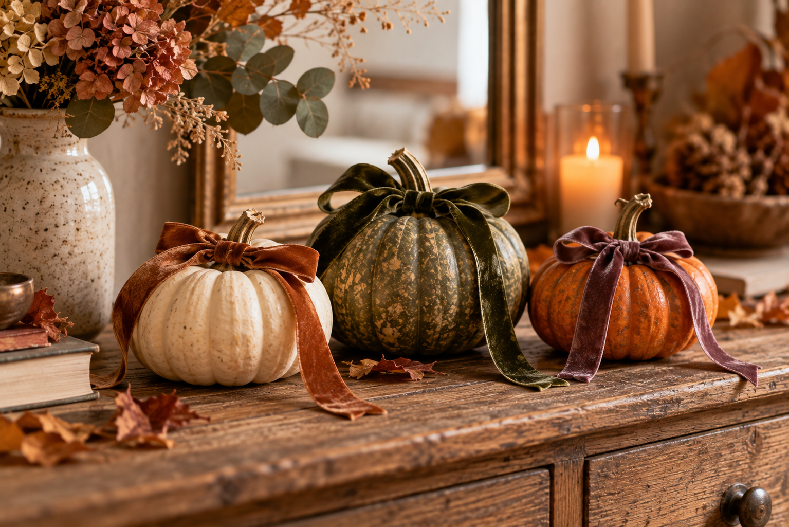 Kleine Kürbisse mit Samtbändern in gedeckten Herbstfarben