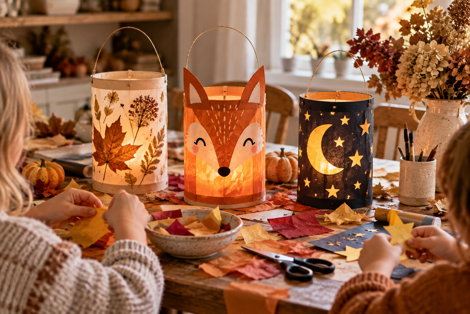 Laterne basteln mit Kindern an einem herbstlichen Basteltisch