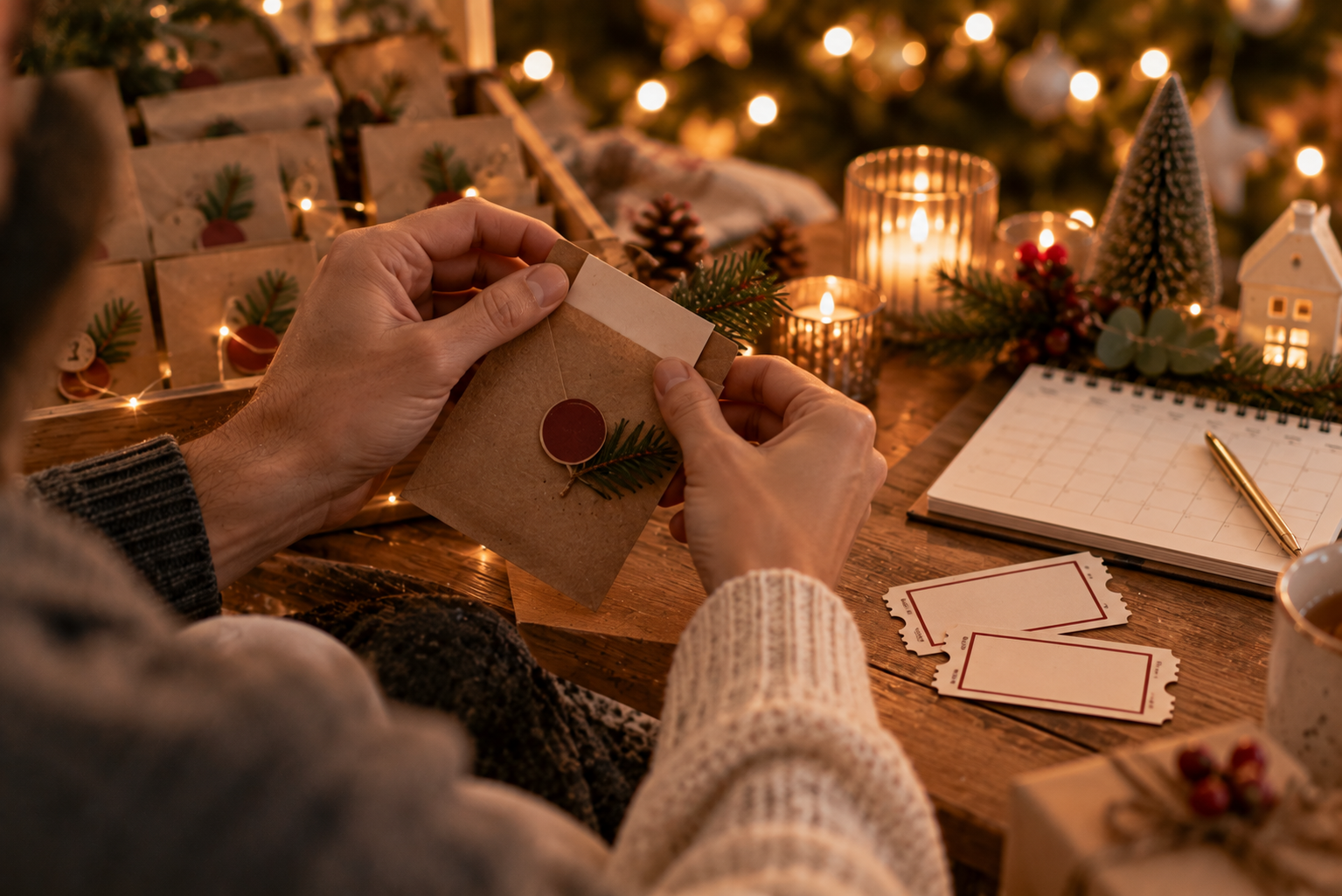 Paar öffnet gemeinsam den letzten Umschlag eines Adventskalenders.