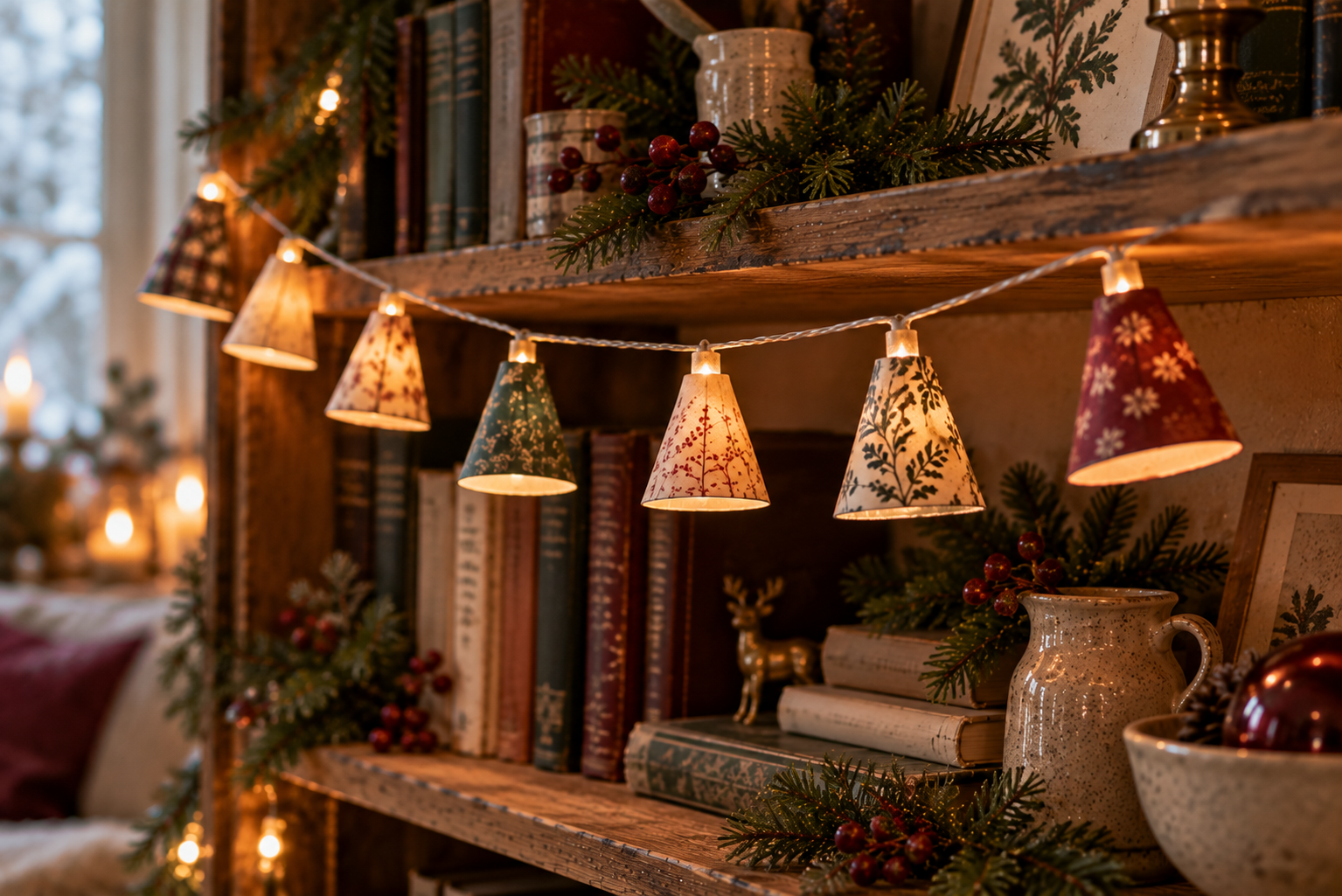 Lichterkette mit Mini-Lampenschirmen Weihnachtliche LED-Lichterkette mit kleinen selbst gemachten Lampenschirmen aus Papier
