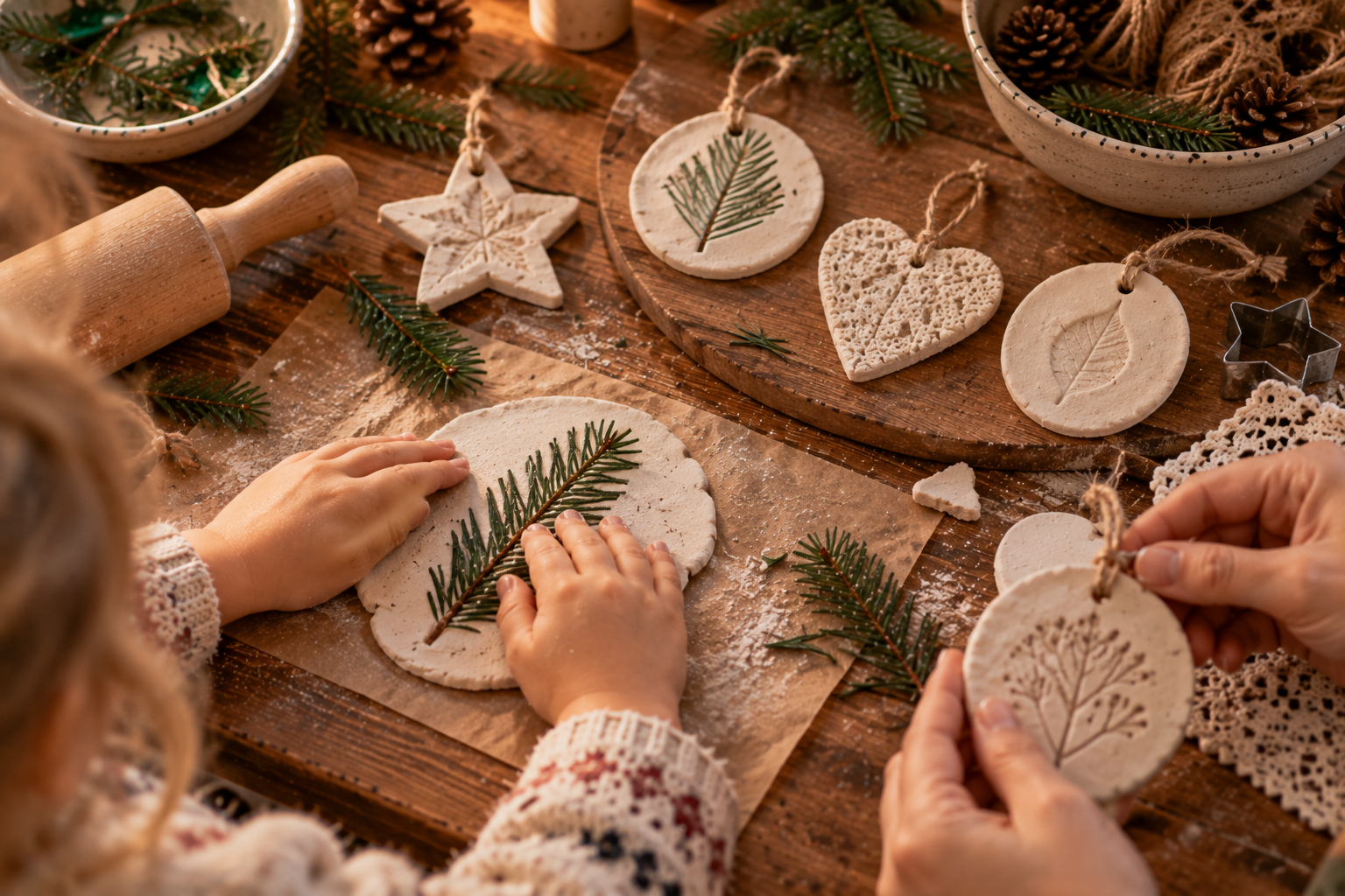 Weihnachtsanhänger aus Modelliermasse Kinderhände drücken einen Tannenzweig in Modelliermasse neben fertigen Weihnachtsanhängern mit Naturabdrücken
