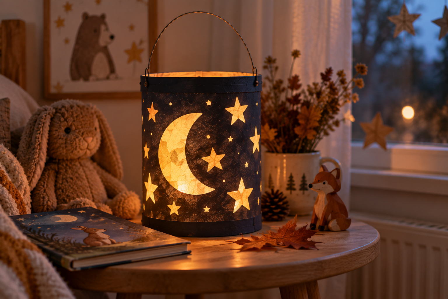 Eine Kinderlaterne mit Mond und Sternen Kinderlaterne mit Mond und Sternen