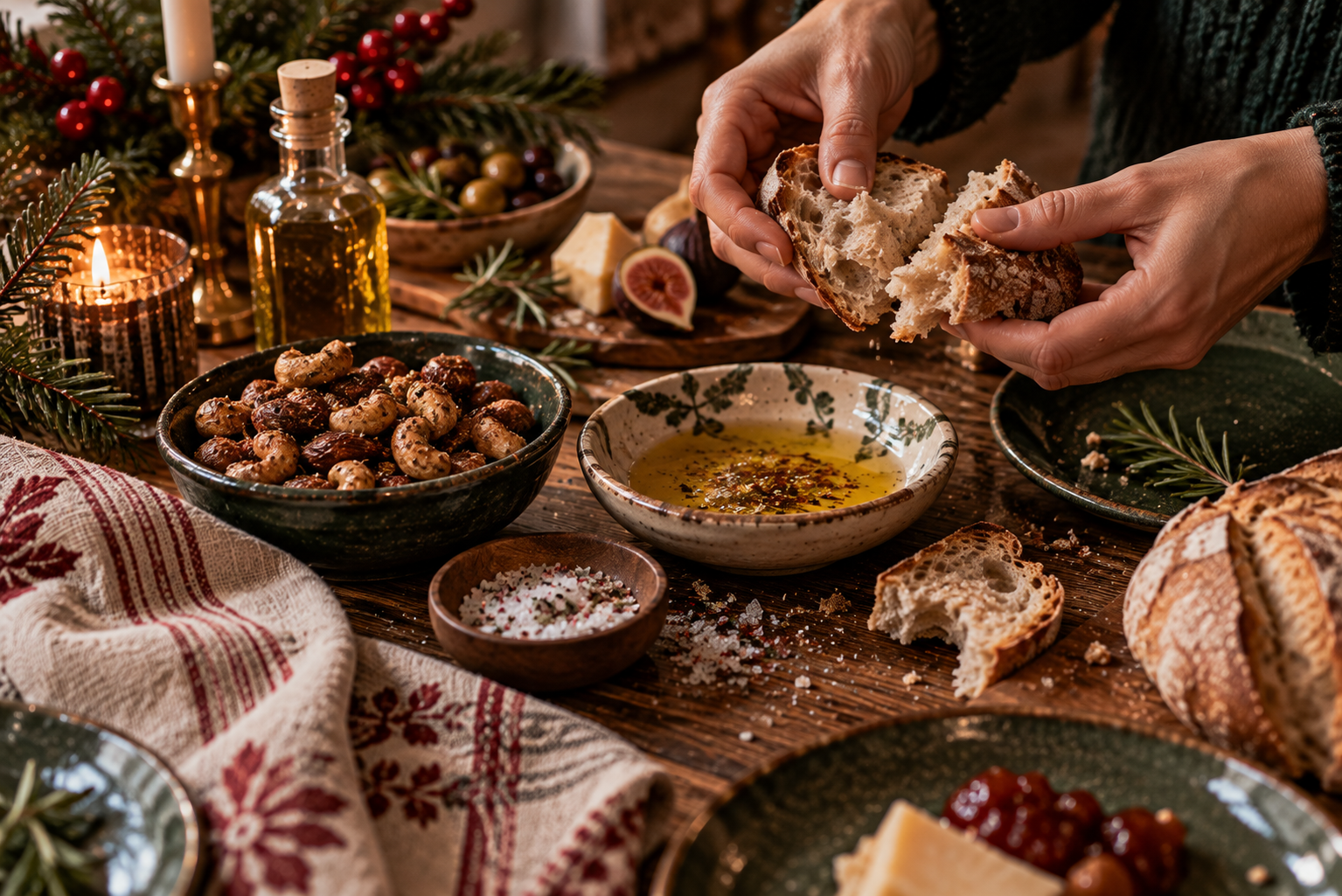 Herzhafte Genussideen für den Advent Brot mit Olivenöl, gerösteten Nüssen und Gewürzsalz auf einem winterlich gedeckten Tisch.