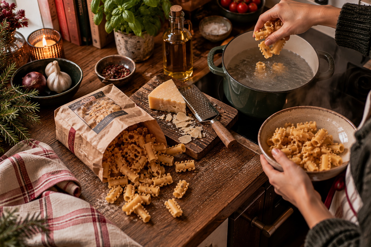 Pasta als besondere Adventskalender-Idee Besondere Pasta mit Olivenöl und Parmesan wird für ein winterliches Abendessen vorbereitet.