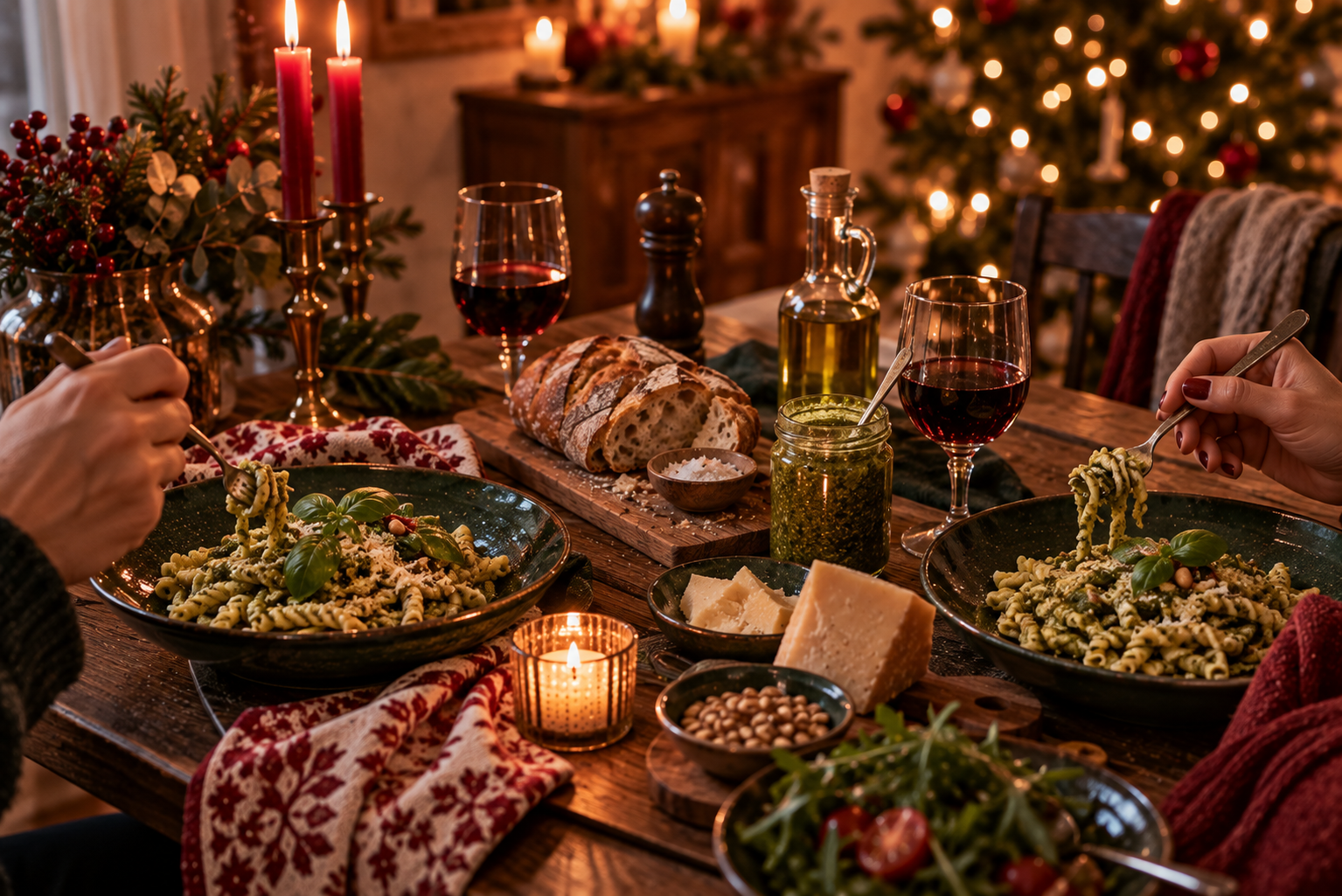 Genussvoller Pasta-Abend im Advent Zwei Teller Pasta mit Pesto, Brot und Olivenöl auf einem weihnachtlichen Esstisch.