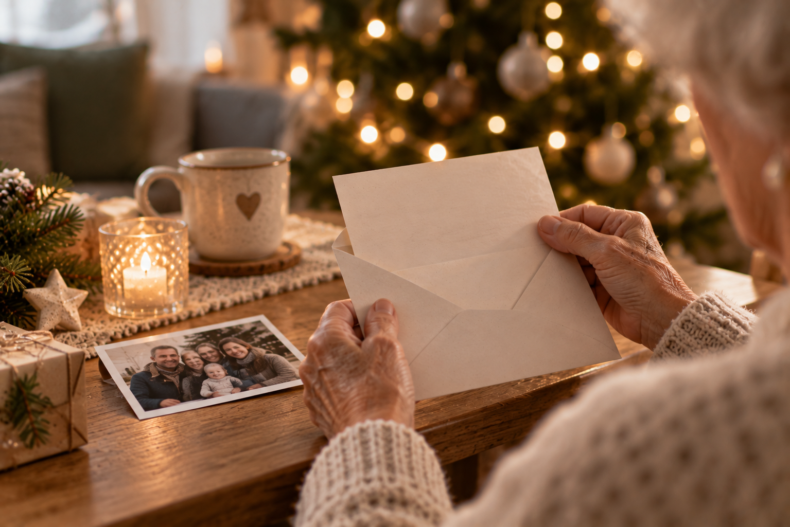 Ältere Hände halten einen persönlichen Brief neben einem Familienfoto am Weihnachtstisch.