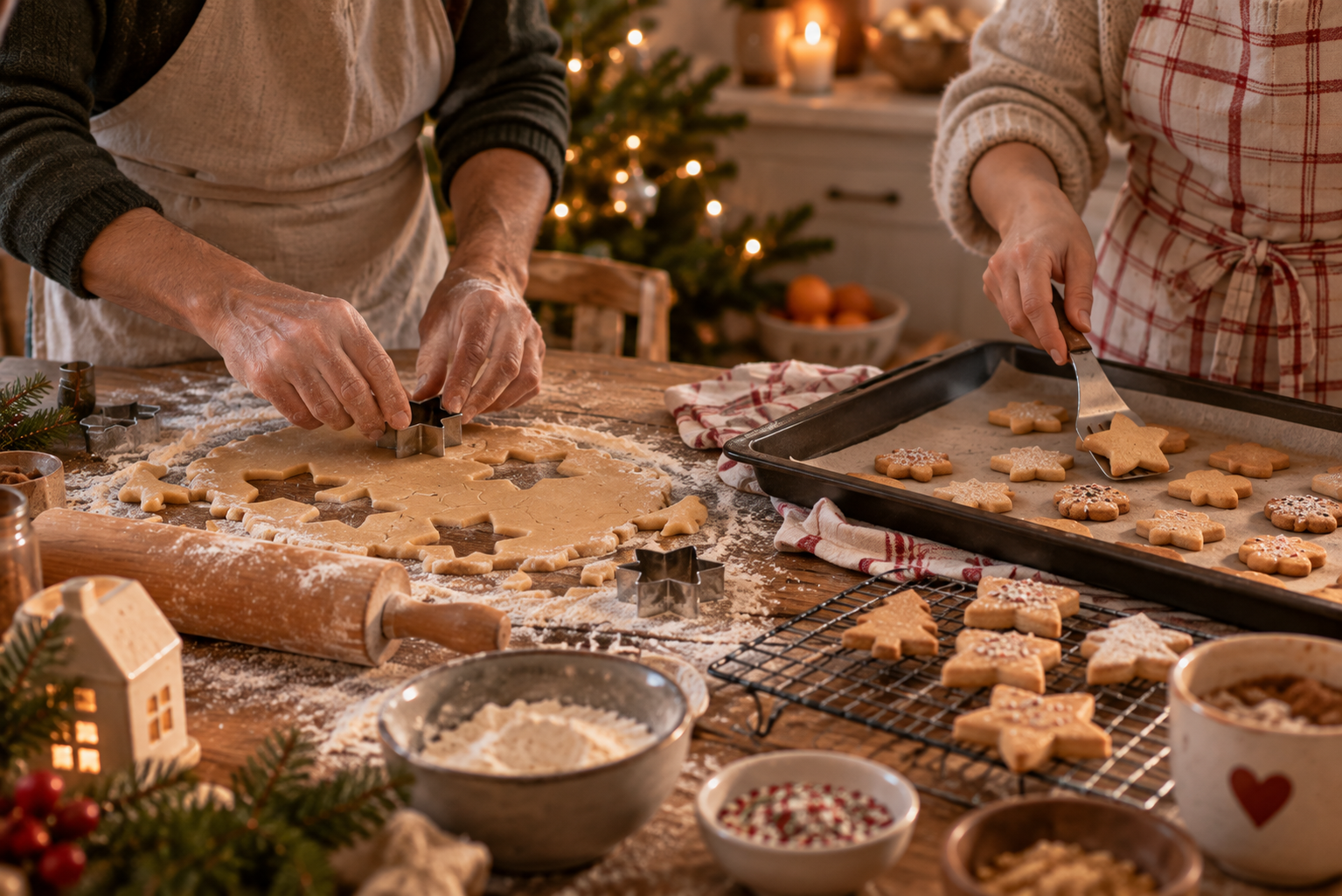 Paar backt gemeinsam Weihnachtsplätzchen an einem leicht unordentlichen Küchentisch.
