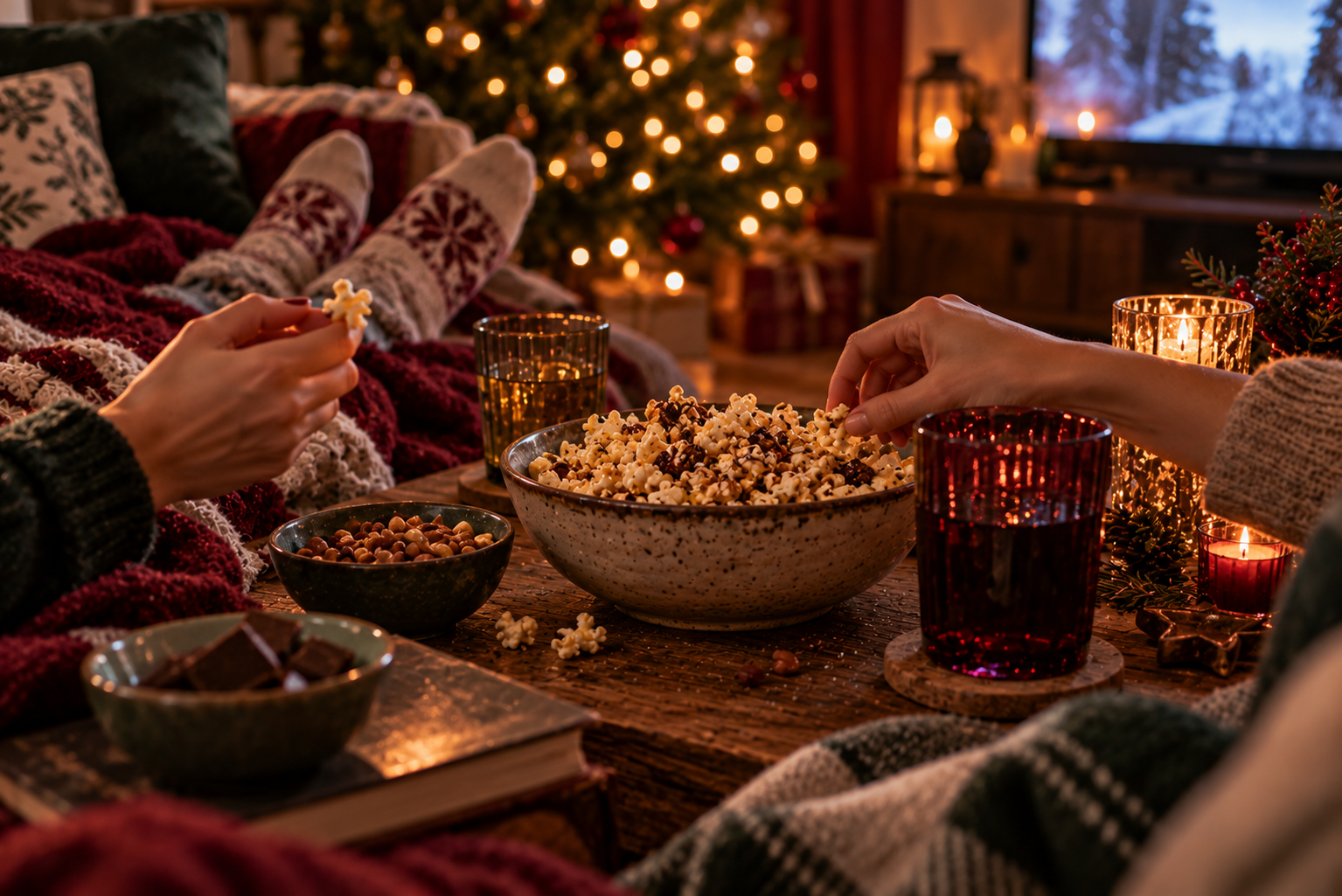 Besonderes Popcorn für einen Adventsabend Schüssel mit besonderem Popcorn bei einem gemütlichen Filmabend im Advent.