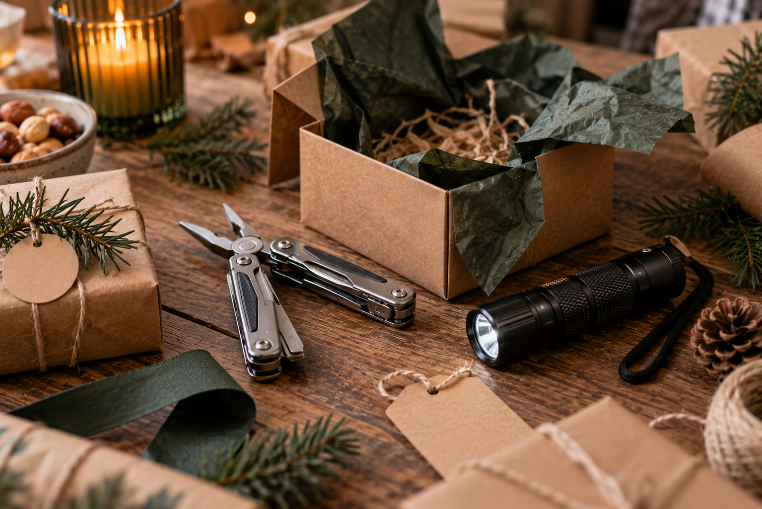 Multitool und kleine Taschenlampe neben einem geöffneten Adventskalender-Päckchen