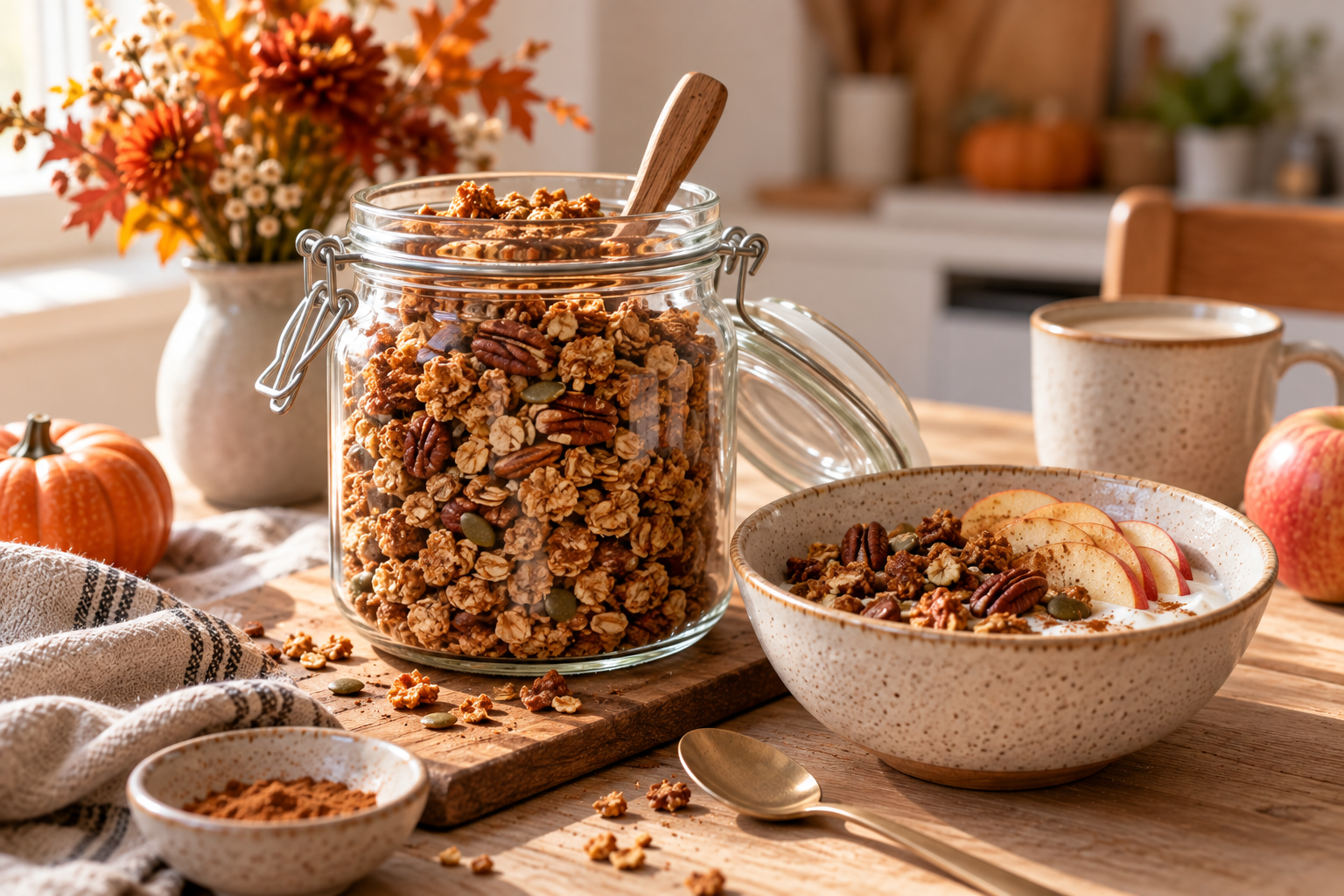 Selbst gemachtes Pumpkin Spice Granola mit Nüssen und Kürbiskernen