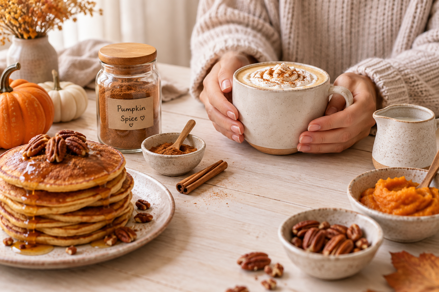 Pumpkin Spice Latte und herbstliche Rezepte auf einem hellen Küchentisch