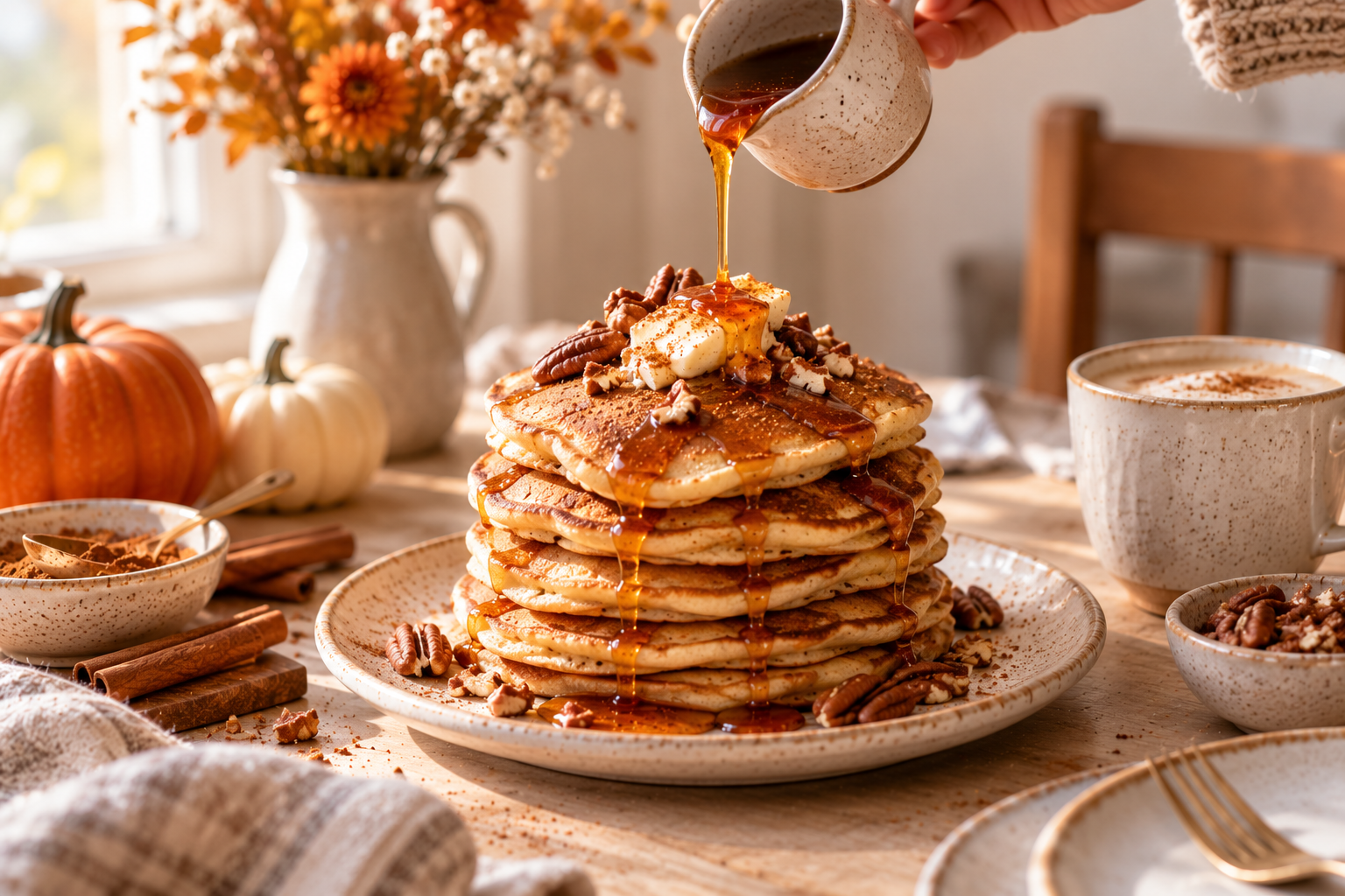Herbstliche Pumpkin Spice Pancakes mit Ahornsirup