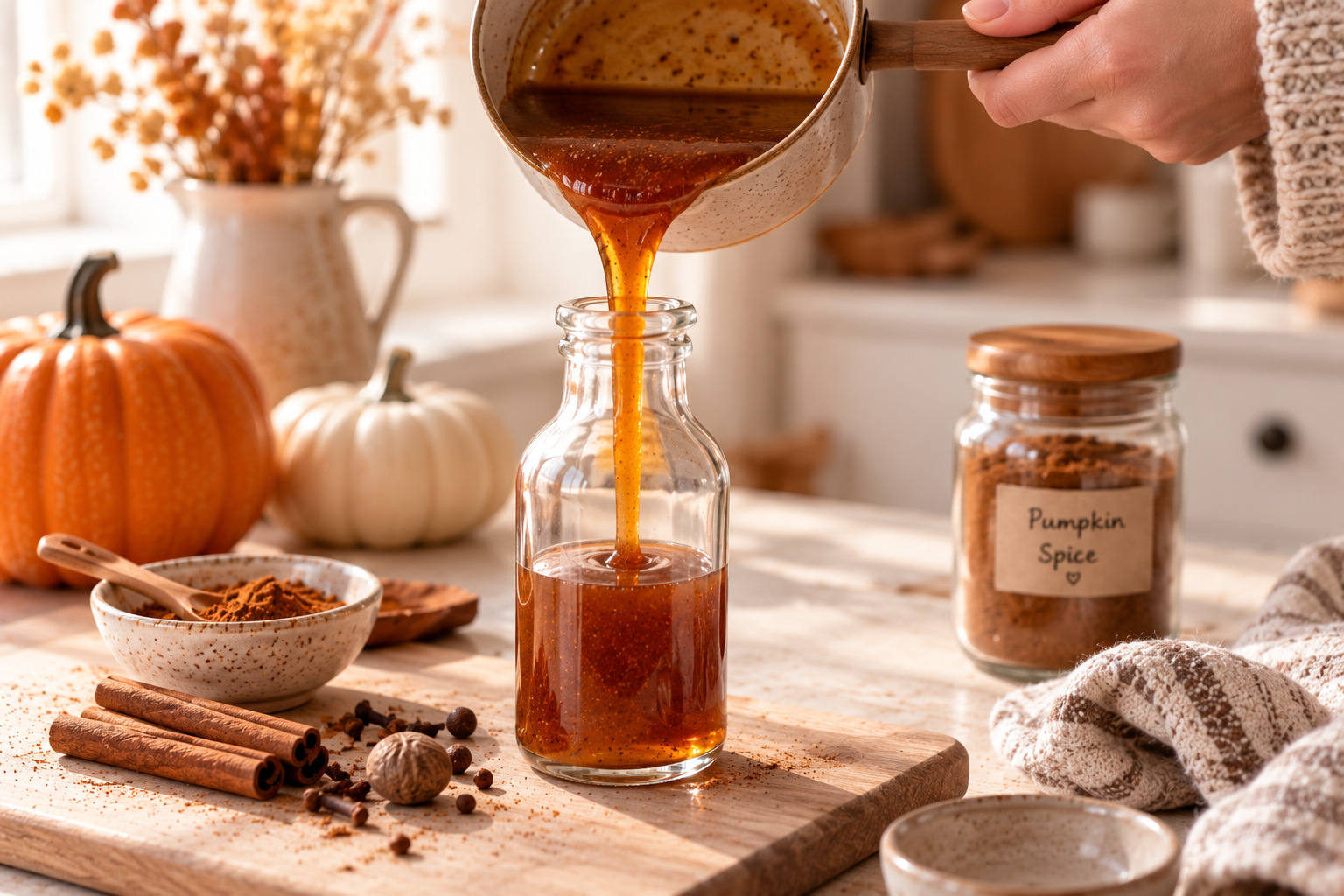 Selbst gemachter Pumpkin Spice Sirup wird in eine Glasflasche gefüllt