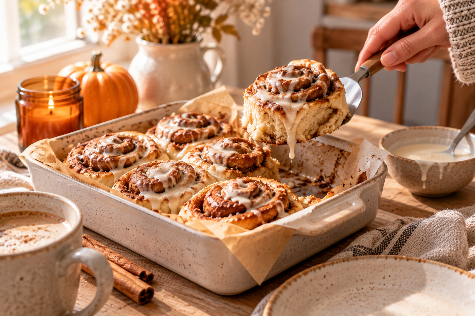 Saftige Pumpkin Spice Zimtschnecken mit hellem Guss