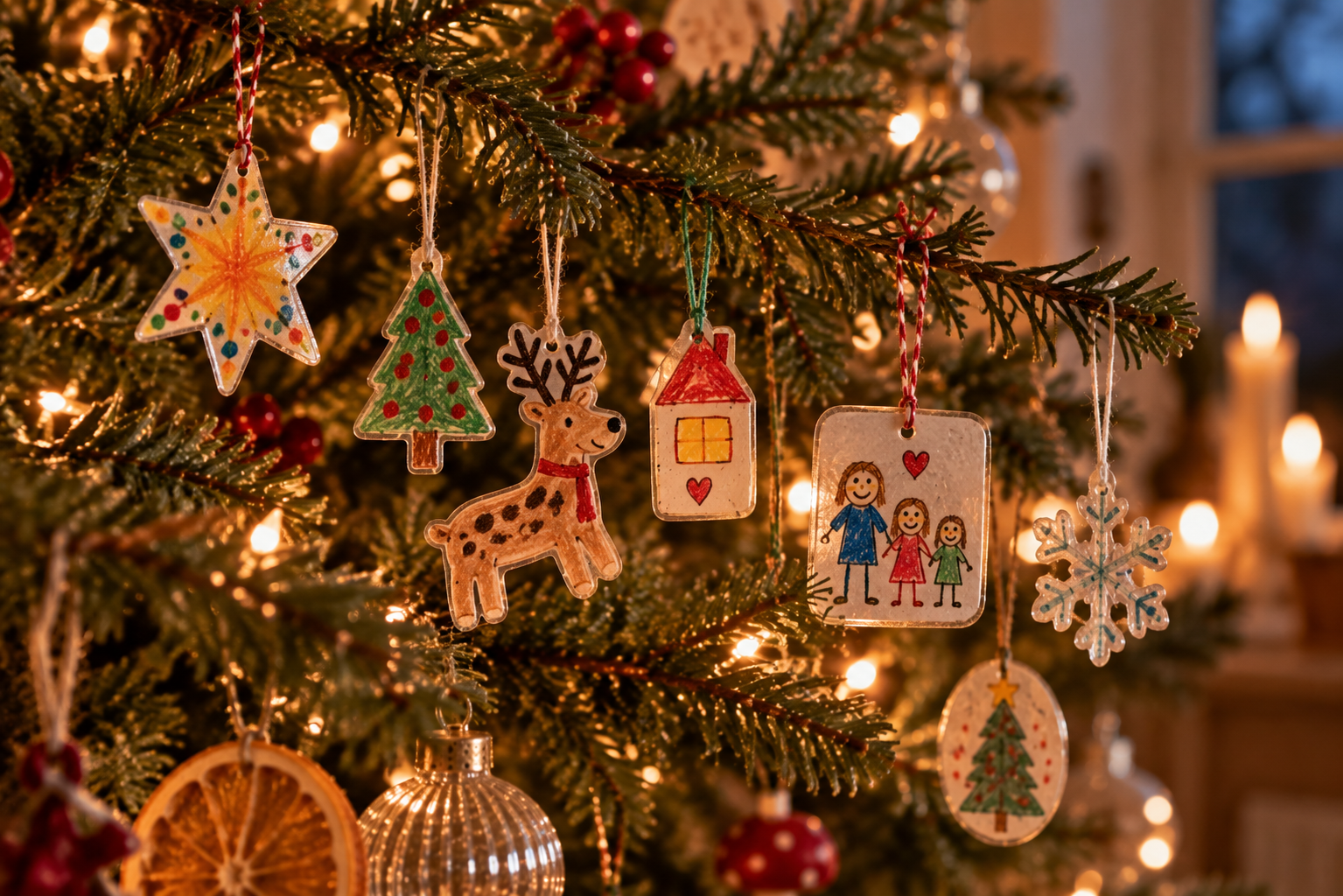 Weihnachtsanhänger aus Schrumpffolie Selbst gemachte Weihnachtsanhänger aus Schrumpffolie mit kindlich gezeichneten Motiven am Weihnachtsbaum