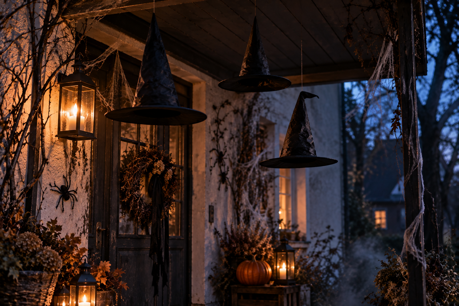 Schwarze Hexenhüte hängen als Halloween-Deko in unterschiedlichen Höhen