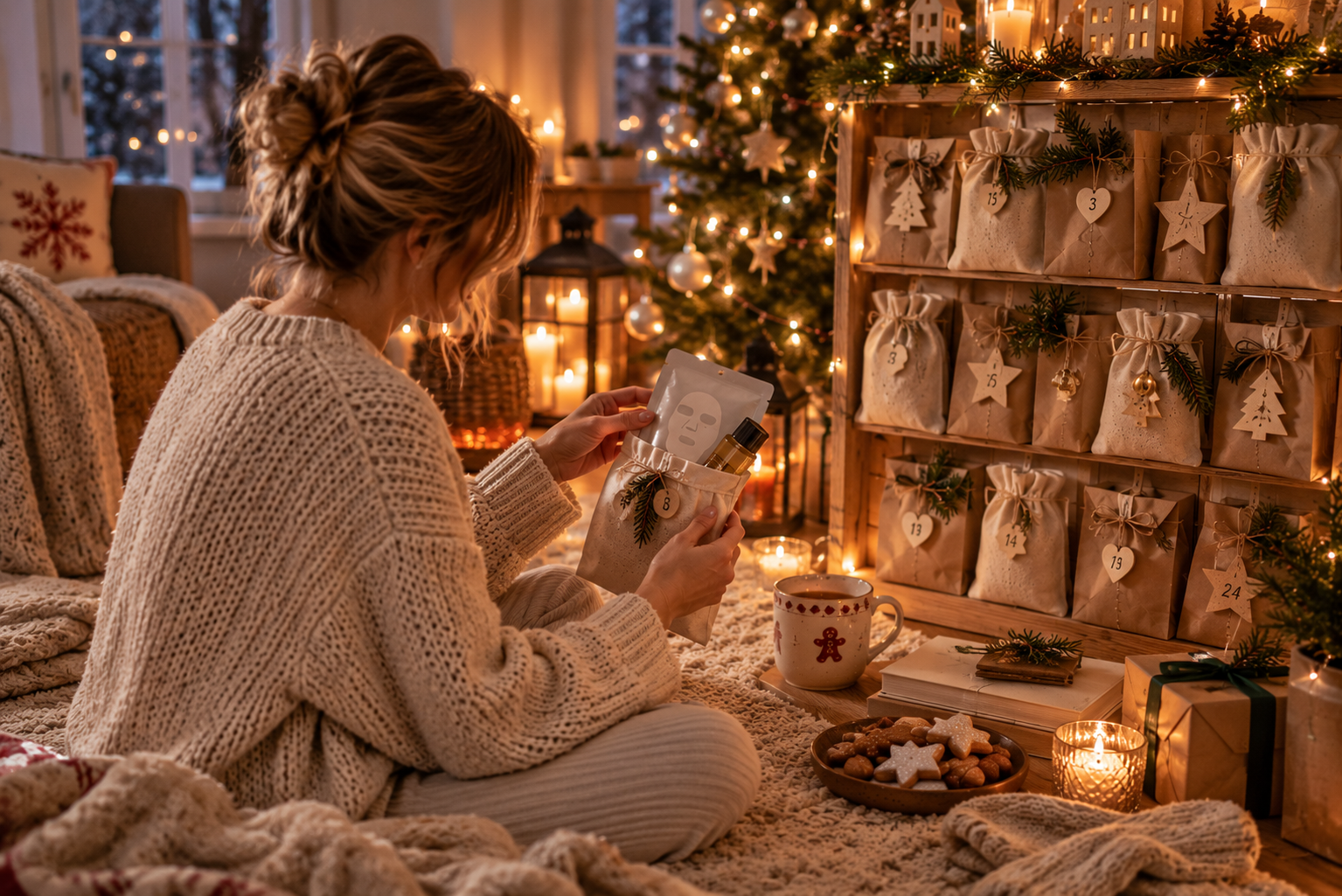 Frau sitzt vor einem selbst gefüllten Selfcare Adventskalender mit kleinen Pflege- und Wohlfühlüberraschungen.