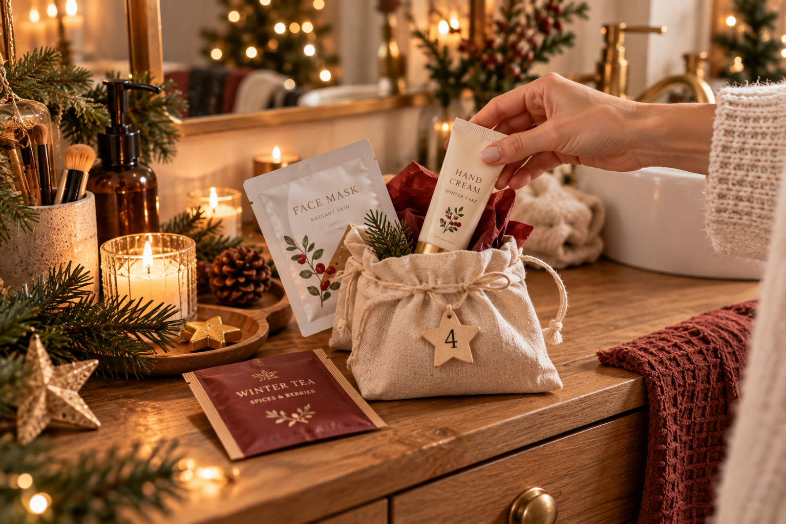 Kleine Pflegeideen für den Adventskalender Geöffnetes Adventssäckchen mit Handcreme und Gesichtsmaske auf einem hellen Badezimmerschrank.