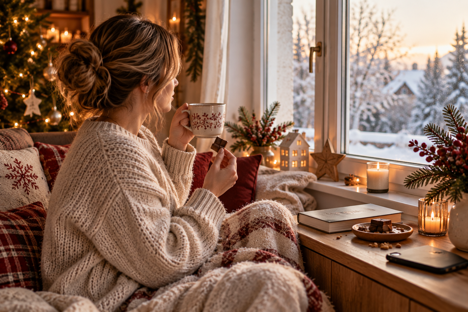 Kleine Auszeit mit Tee und Schokolade Frau genießt am Fenster eine Tasse Tee und etwas Schokolade an einem ruhigen Wintermorgen.