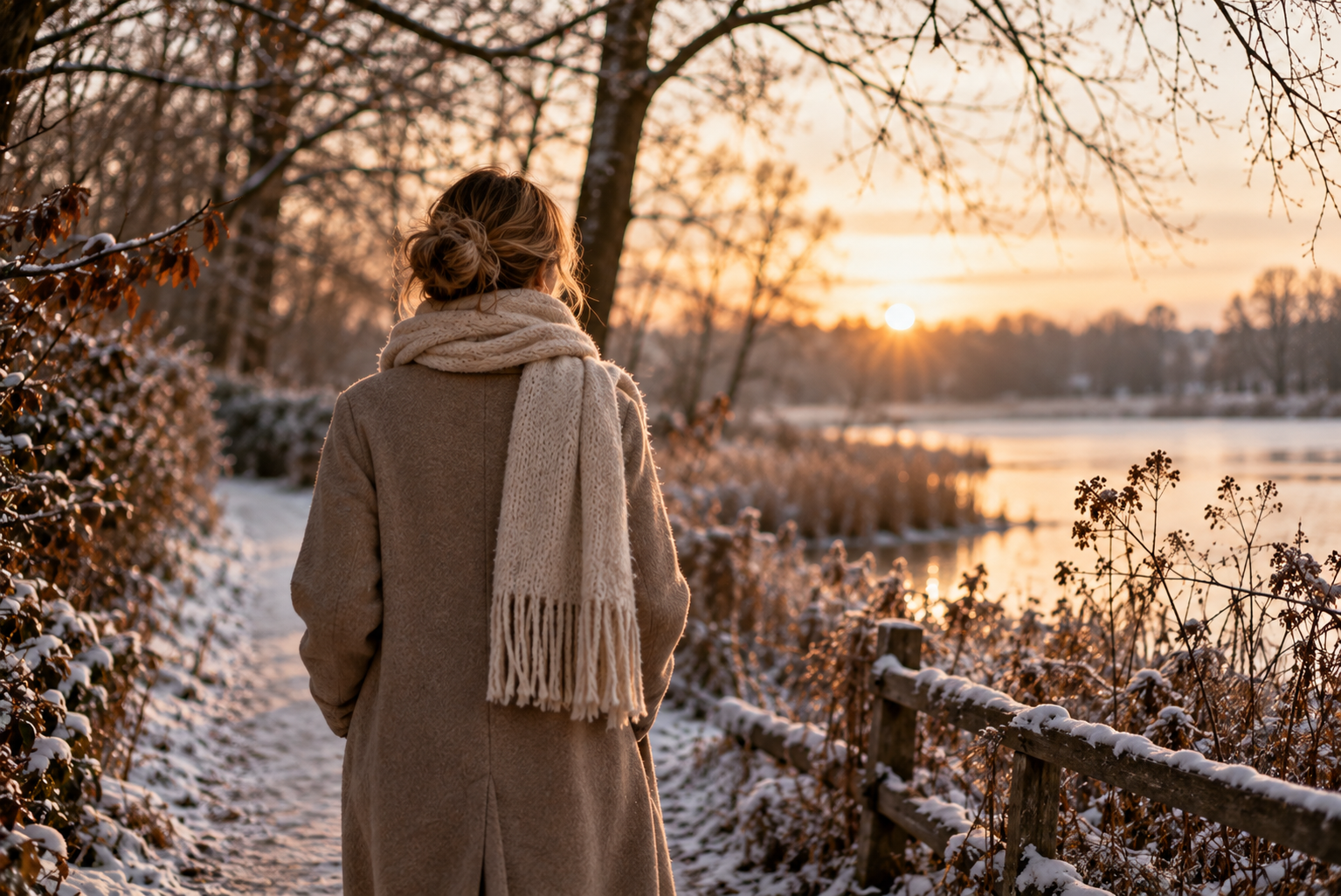 Spaziergang als kleine Auszeit Frau geht allein auf einem ruhigen winterlichen Weg spazieren.