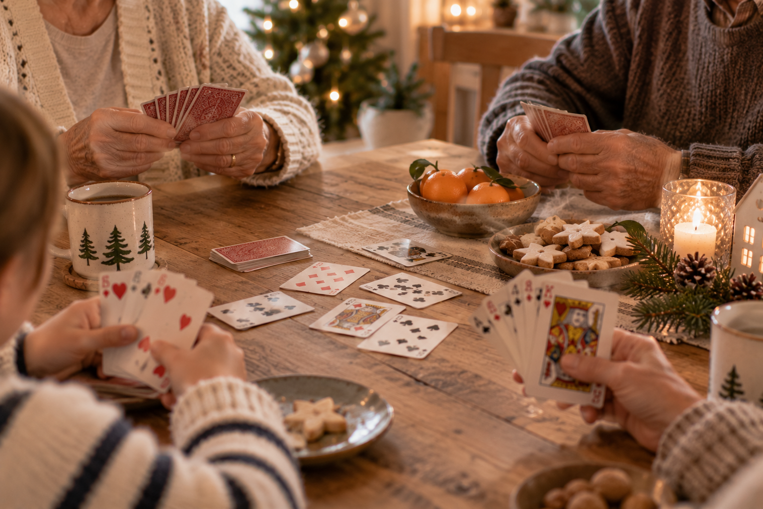 Großeltern und Enkelkind spielen gemeinsam Karten an einem winterlichen Esstisch.