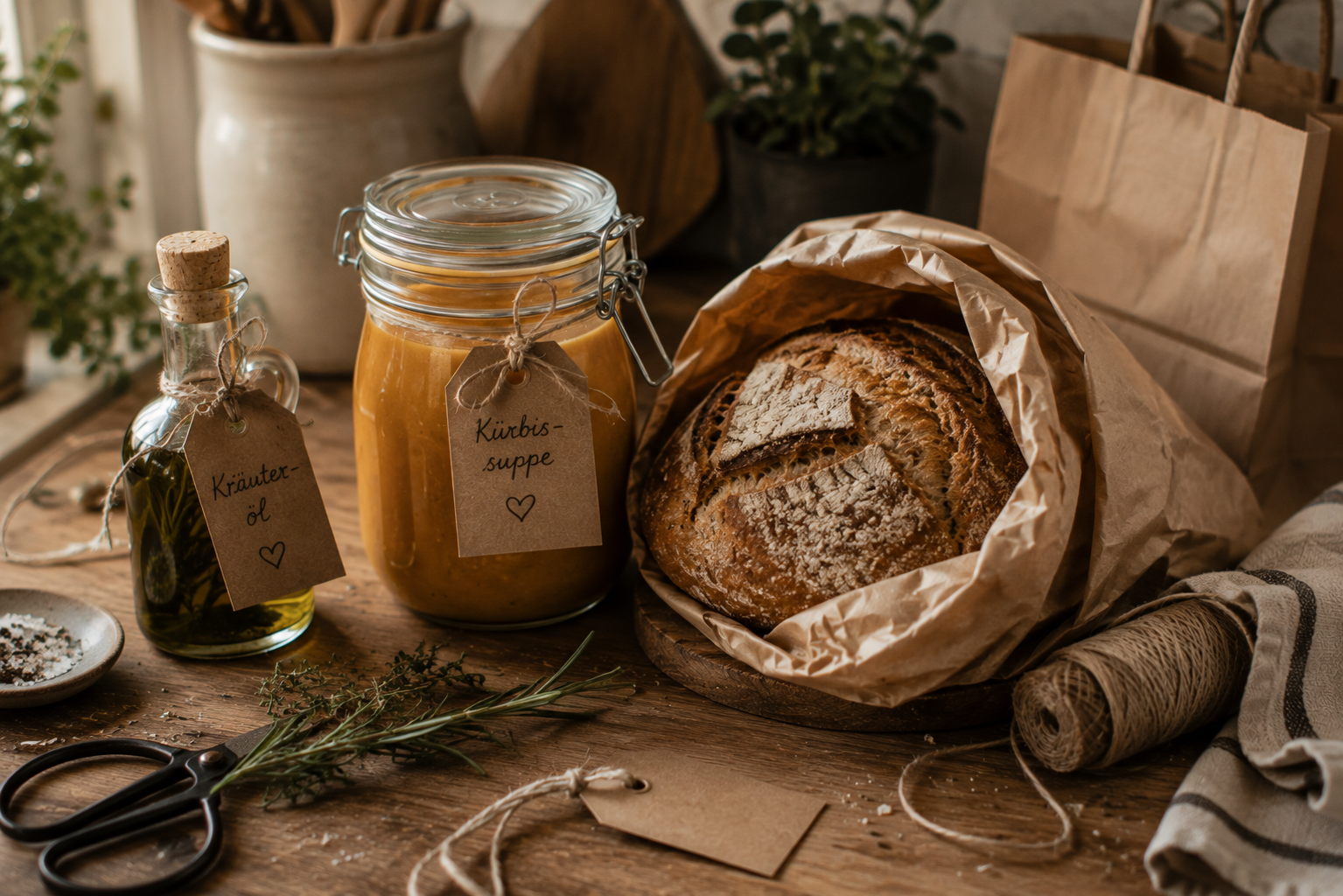 Suppengruß verschenken Herbstliche Suppe im Glas mit Sauerteigbrot als kleines Mitbringsel