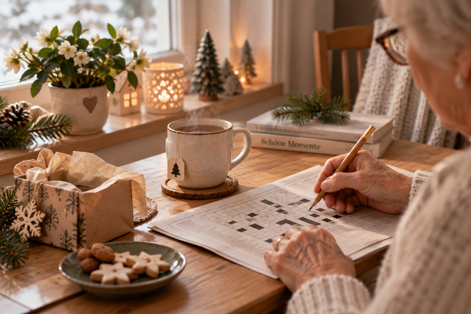 Ältere Person löst am Fenster ein Rätsel neben einer Tasse Tee und einem Adventspäckchen.